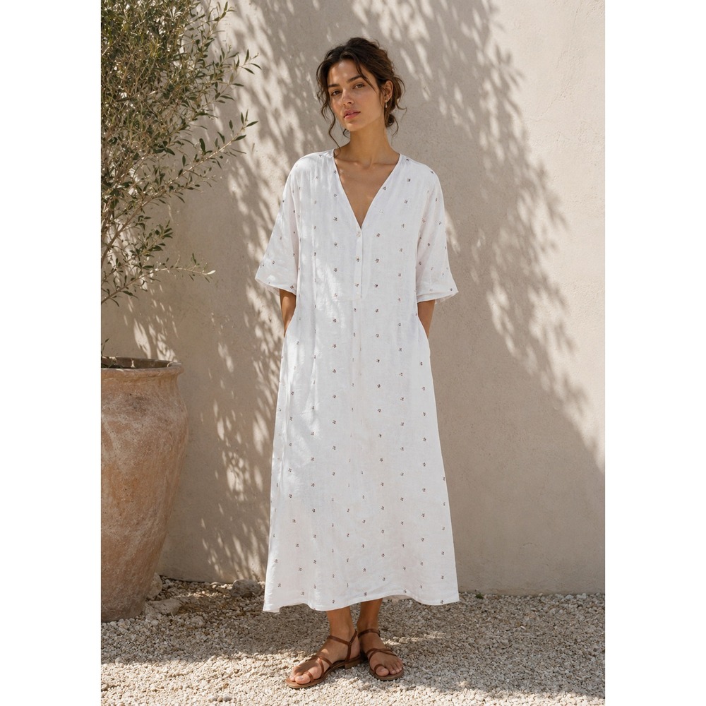Deiji Studios Rose Dress White Linen Midi Dress Minimalist Oversized Relaxed M/L - Picture 2 of 9